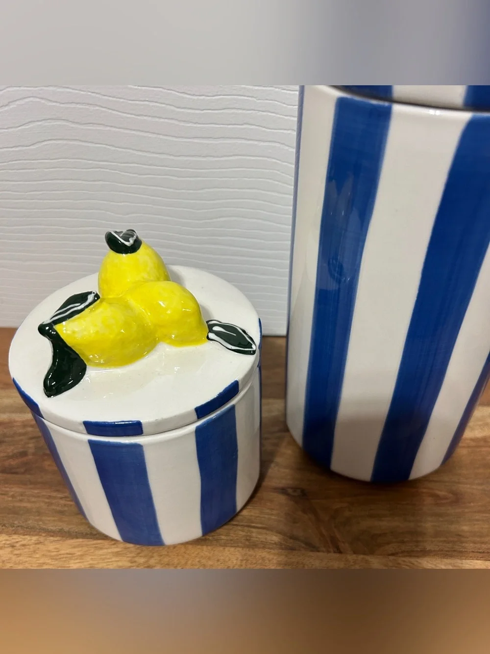Hobby Lobby 2 Lemon Ceramic Canisters With Lid Blue Stripe Candy Cookie Jar NEW